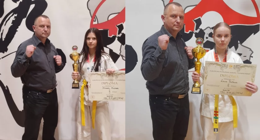 Klaudia Mroczek (z lewej) i Laura Kolbusz (z prawej) stanęły na podium mistrzostw Europy. Zdjęcie: UKS Kyokushin Karate Brzostek.