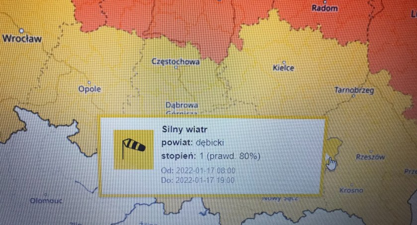 Mapa z ostrzeżeniem IMGW.